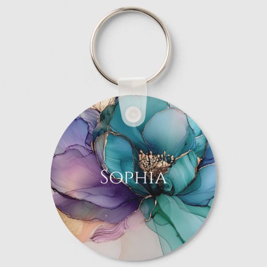 Gold Blue Aqua Paarse Flower Vrijgezellenfeest Sleutelhanger (Voorkant)