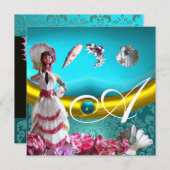 GOLD BLUE AQUAMARINE DAMASK BEACH WEDDING MONOGRAM KAART (Voorkant / Achterkant)