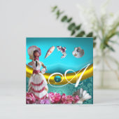 GOLD BLUE AQUAMARINE DAMASK BEACH WEDDING MONOGRAM KAART (Staand voorkant)