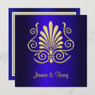 Gold Blue Art Deco Damask Wedding Invite 2 Kaart