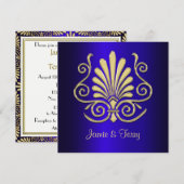 Gold Blue Art Deco Damask Wedding Invite 2 Kaart (Voorkant / Achterkant)