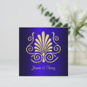 Gold Blue Art Deco Mariage damassé Invitation 2 (Debout devant)