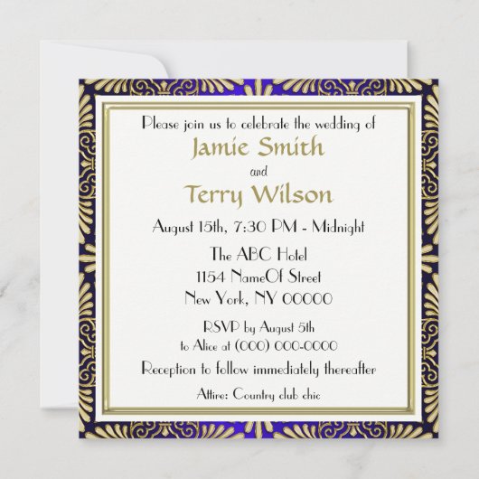Gold Blue Art Deco Mariage damassé Invitation 2 (Dos)