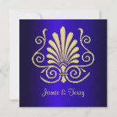 Gold Blue Art Deco Mariage damassé Invitation 2 (Devant)