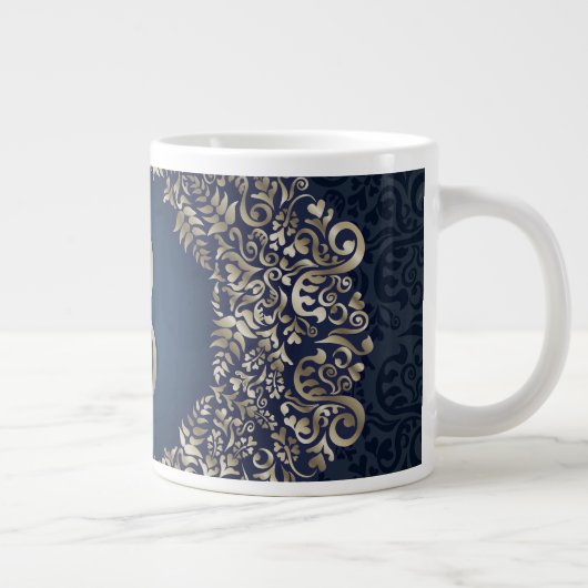 Gold Blue  B Fancy Damask Monogram Extra Grote Beker (Rechts)
