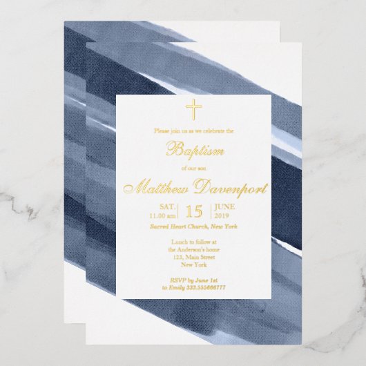 Gold Blue Boy Baptême Foil Invitation (Recto/Verso)