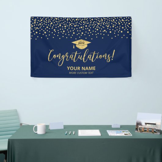 Gold & Blue Confetti - Afstuderen met felicitaties Spandoek (Beurs)