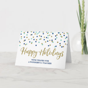 Gold Blue Confetti Teacher Christmas Kaart