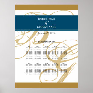 Gold Blue Elegant Monogram Wedding Seding Chart Poster