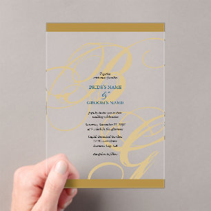Gold Blue Elegant Script Monogram Weddenschap Acryl Uitnodigingen