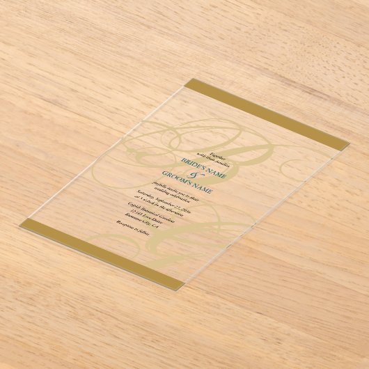 Gold Blue Elegant Script Monogram Weddenschap Acryl Uitnodigingen (Laagn)