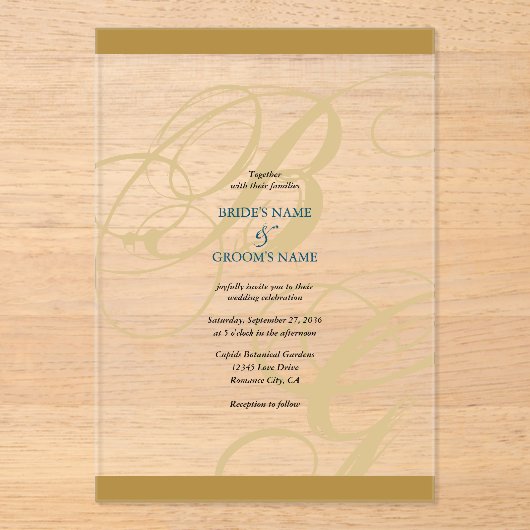 Gold Blue Elegant Script Monogram Weddenschap Acryl Uitnodigingen (Voorkant)