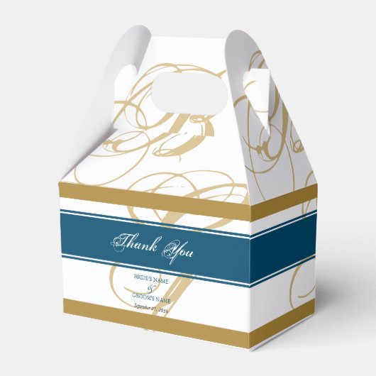 Gold Blue Elegant Script Monogram Weddenschap Bedankdoosjes (Voorkant Zijde)