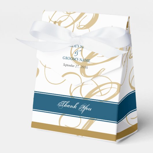 Gold Blue Elegant Script Monogram Weddenschap Bedankdoosjes (Voorkant Zijde)