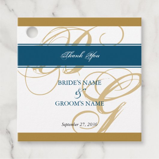 Gold Blue Elegant Script Monogram Weddenschap Bedankjes Labels (Voorkant)