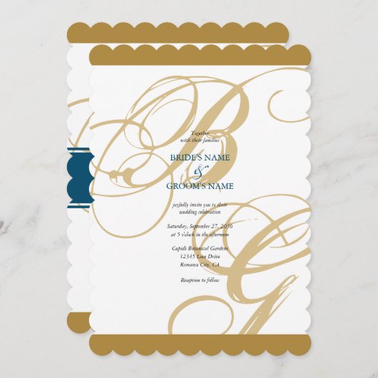 Gold Blue Elegant Script Monogram Weddenschap Kaart (Voorkant / Achterkant)