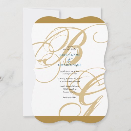 Gold Blue Elegant Script Monogram Weddenschap Kaart (Voorkant)
