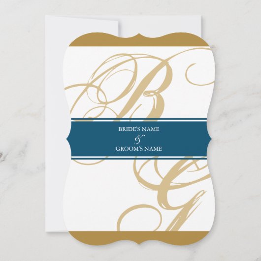 Gold Blue Elegant Script Monogram Weddenschap Kaart (Achterkant)