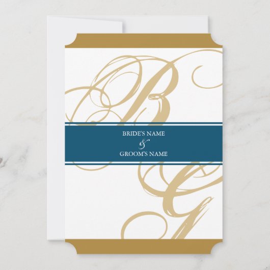 Gold Blue Elegant Script Monogram Weddenschap Kaart (Achterkant)