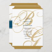 Gold Blue Elegant Script Monogram Weddenschap Kaart (Voorkant / Achterkant)