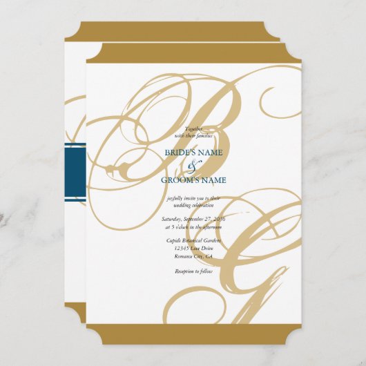Gold Blue Elegant Script Monogram Weddenschap Kaart (Voorkant / Achterkant)