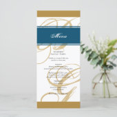Gold Blue Elegant Script Monogram Weddenschap Menu (Staand voorkant)