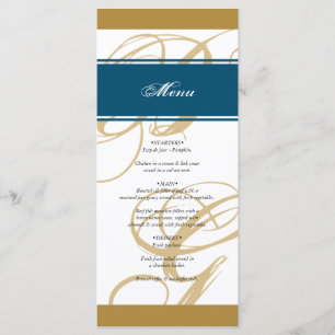 Gold Blue Elegant Script Monogram Weddenschap Menu
