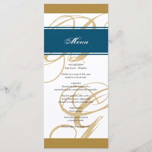 Gold Blue Elegant Script Monogram Weddenschap Menu (Voorkant)
