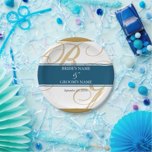 Gold Blue Elegant Script Monogram Weddenschap Papieren Bordje (Feest)