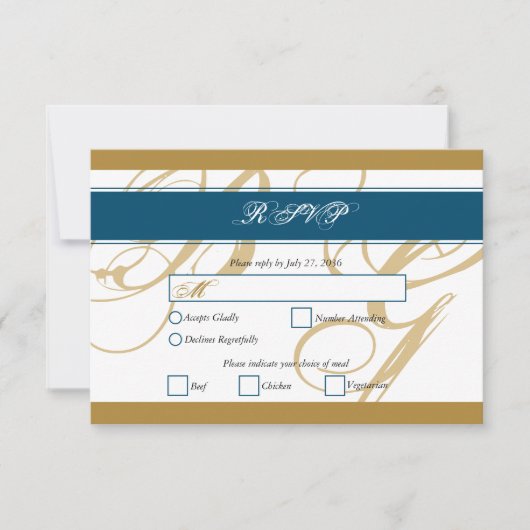 Gold Blue Elegant Script Monogram Weddenschap RSVP Kaartje (Voorkant)