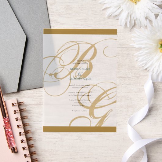 Gold Blue Elegant Script Monogram Weddenschap Vellum Uitnodigingen (Huwelijk)