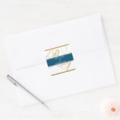 Gold Blue Elegant Script Monogram Weddenschap Vierkante Sticker (Envelop)