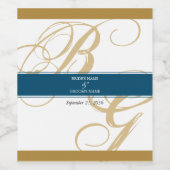 Gold Blue Elegant Script Monogram Weddenschap Wijn Etiket (Enkel label)