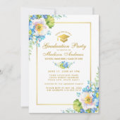 Gold Blue Floral Grad Party Invitation - Photo Ret (Devant)