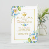 Gold Blue Floral Grad Party Invitation - Photo Ret (Debout devant)