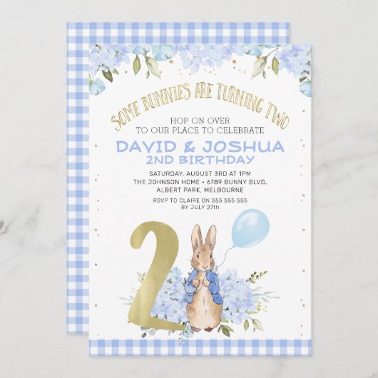 Gold Blue Floral Peter Rabbit 2e verjaardag Kaart (Voorkant / Achterkant)