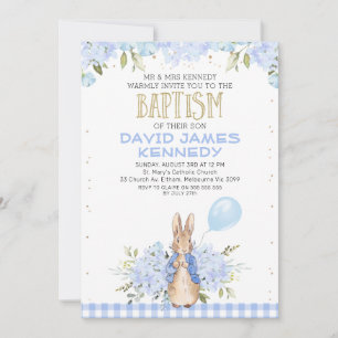 Gold Blue Floral Peter Rabbit Baptism Uitnodiging
