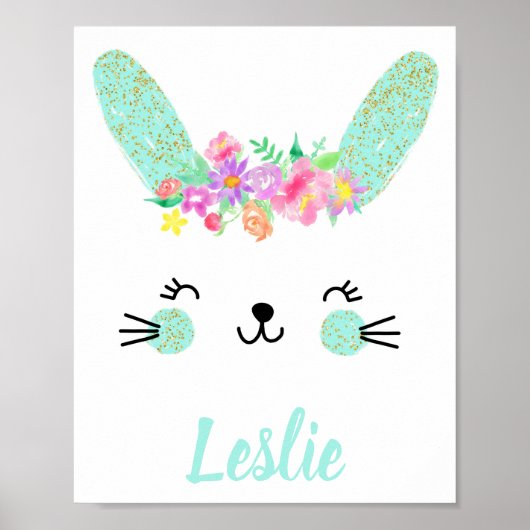 Gold Blue Floral Rabbit visage Nursery Poster Nom (Devant)