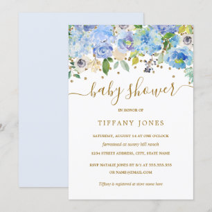 Gold Blue Floral Waterverf Baby shower Uitnodigen Kaart