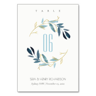 GOLD BLUE FOLIAGE WATERVERF WASWREATWEDING KAART