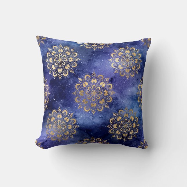 Gold & Blue Galaxy Dharma Mandala Pattern Kussen (Voorkant)