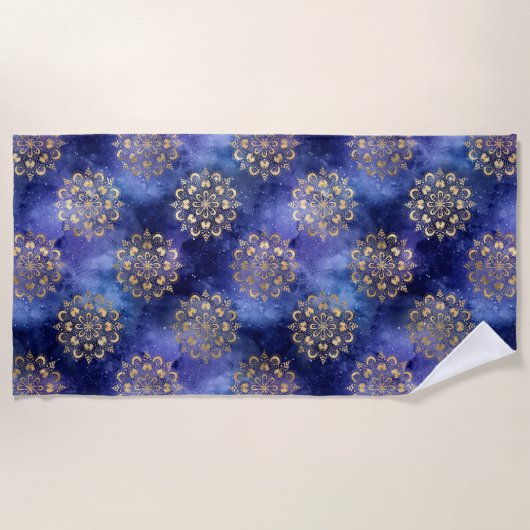 Gold & Blue Galaxy Dharma Mandala Pattern Strandlaken (Voorkant)
