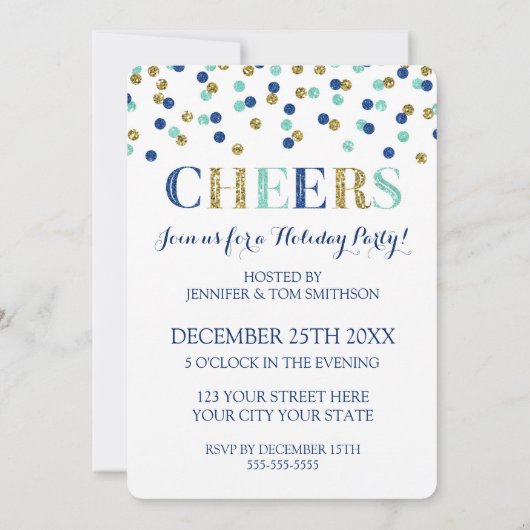 Gold Blue Glitter Confetti Cheers Kerstfeest Kaart (Achterkant)