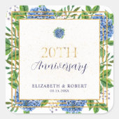 Gold Blue Hydrangea 20e bruiloft Jubileum Party Vierkante Sticker (Voorkant)