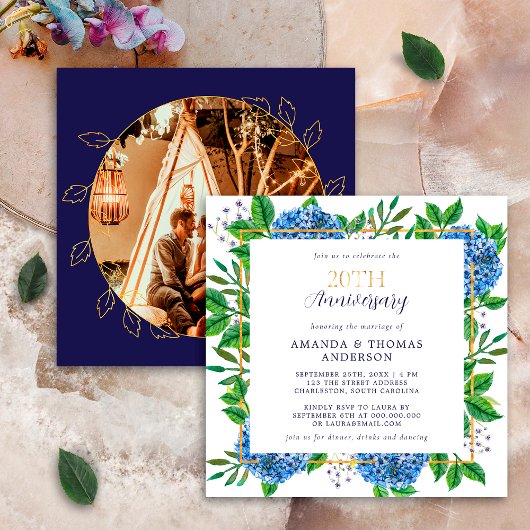 Gold Blue Hydrangea 20th Wedding Photo Jubileum Kaart