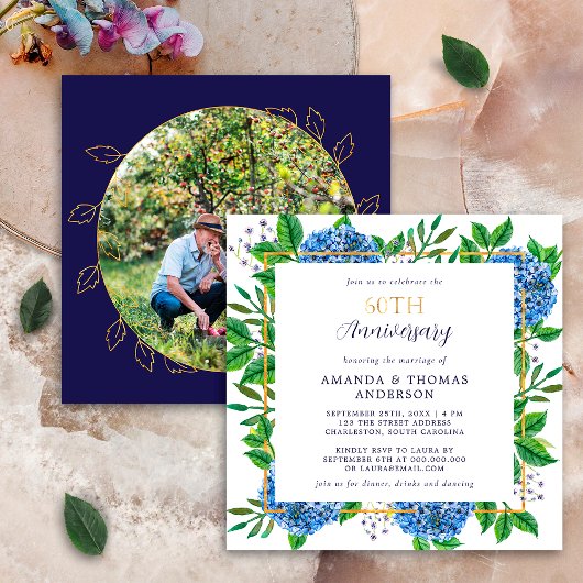 Gold Blue Hydrangea 60th Wedding Photo Jubileum Kaart