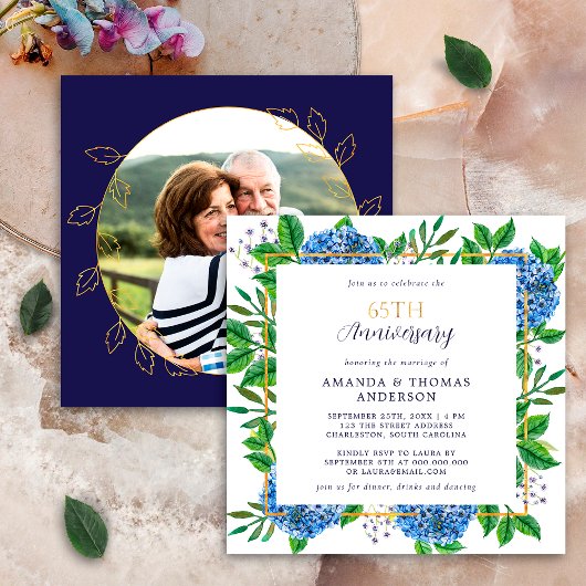 Gold Blue Hydrangea 65th Wedding Photo Jubileum Kaart