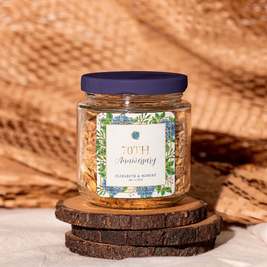 Gold Blue Hydrangea 70e bruiloft Jubileum Party Vierkante Sticker