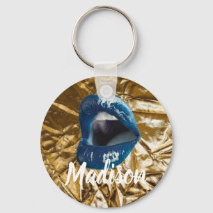 Gold Blue Lips Makeup Beauty Custom Personated K Sleutelhanger