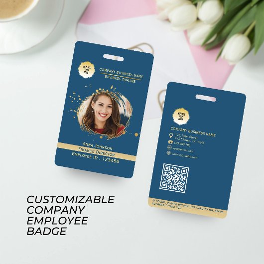 Gold & Blue Medewerker QR Code Label, Foto & Logo Badge